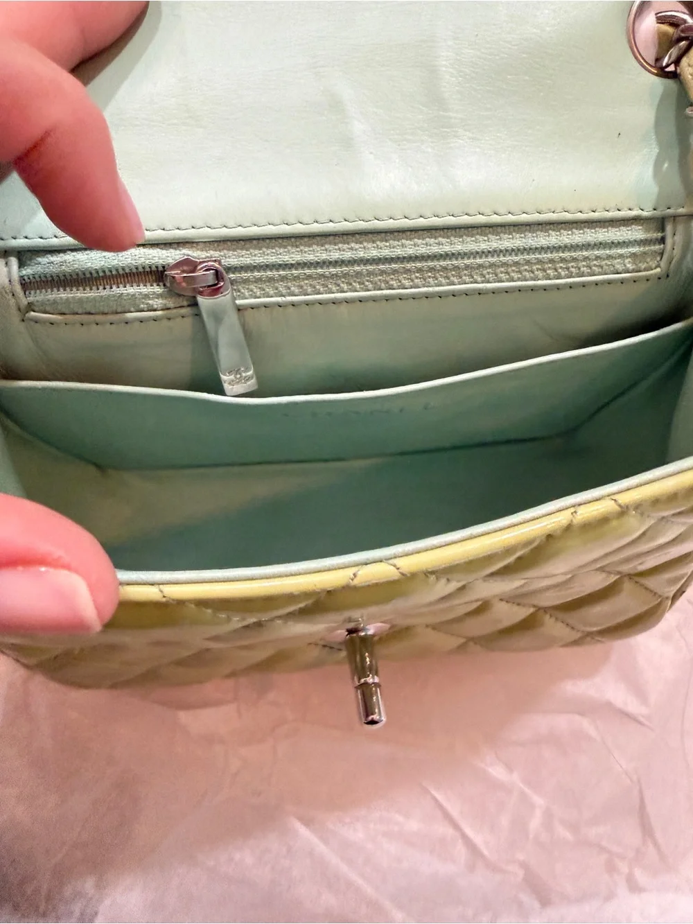 CHANEL Quilted Patent Leather Mini Flap Bag in Lime